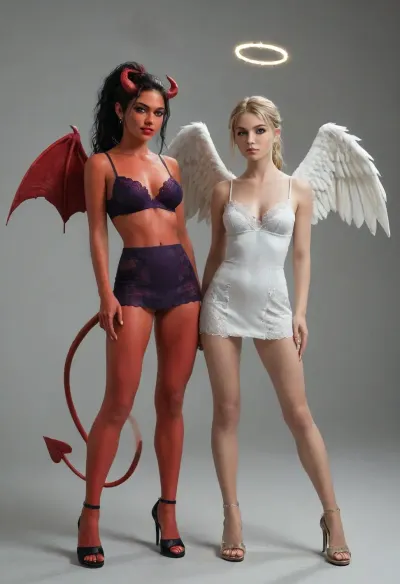 2girls, (Astrid is a barefoot athletic graceful angel girl, white minidress, high ponytail black hair with two loose strands, rainbow iridescent halo, small feathered angel wings, standing heroically), (Ivy is a petite curvy succubus demon girl, red demon skin, strappy purple lingerie, strappy opentoe purple heels, short center-parted purple hair, small curved horns, bat-like wings, long tail with spade tip, mischievous playful expression flies above astrid), . Astrid and Ivy pose together, high detail, dynamic composition, full body, intricate details, highly detailed, beautiful character design, dramatic lighting