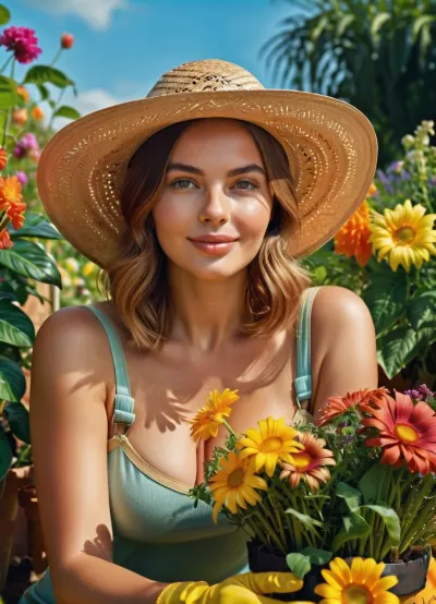 Masterpiece, high detail, high resolution, 8K, (young woman with open eyes, large firm breasts, wearing a straw hat, nude, wearing gardening gloves, sitting on her knees and planting flowers in a sunny garden with many exotic flowers), . Photorealism, natural colors. Bright natural light, diffused sunlight. Medium shot, perspective at eye level. Detailed foliage, focus on face and hands, happy expression, bright colors, gardening.Masterpiece, detail, extremely detailed, (photorealism:1.2)