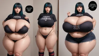 (((The most pefect Before and after sequence side by side in mulilple veiws:1.2), (of a woman that is showing off the extremely hyper fattening drastic changing enlarging effects of a extra mega thick extra fattening weight gain on a all ready absurdly perfectly extra mega thick very fatter very curvy extra mega thick wide plump chubby busty asian american goth woman:1.5))), (she has the most absurdly unreal perfect mega hyper gargantuan sized fat plush growing boobs:1.3), (absurdly hugely hyper Immense fat breasts expansion:1.4), (the most absurdly hyper gargantuan expanding swelling enlarging so much more larger fat boobs:1.4), (she is growing so much many times more hyper extra mega thicker extra plumper extra fatter:1.2), (her so much more hyper enlarging fatten up perfect hyper busty hourglass body figure:1.3), (best face:1.3), ripping her clothes from her most fattening body growth, beautiful, (well-defined most sexy engorging ample ultra mega busty thick fat voluptuous curvy woman:1.1), her progression fatter is increasing her extra voluptuous sexy extra fat body, (the volume of her massive fat breasts and massive fat ass increasing greatly in many sizes with her extra plush extremely extra fattening growth so much more extremely extra massively extra mega thicker extra bustier and extra fatter:1.5), <lora:Venus_Body_Alpha:1.4>, <lora:InflationXL:1.5>, <lora:bottomheavy_v1_sdxl_tags:1.3>, <lora:milkers_v2:1.6>