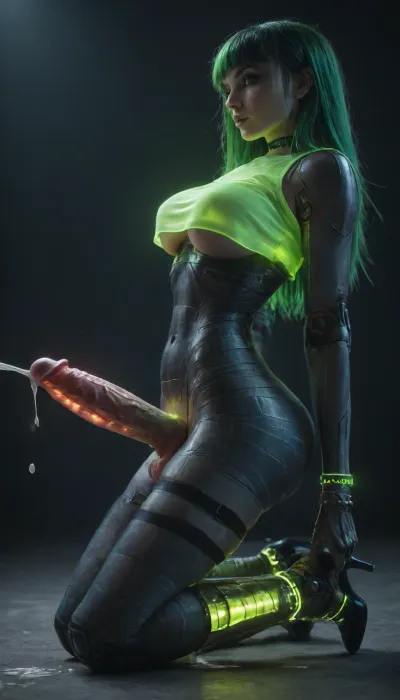 A small body Futanari, ((cybernetic skin, (oversized robotic cock), small balls, (((detailed robotic body)))), green electric hair, big breasts, (posing, on knees, side view, asymetric pose, thigh strap, ankle bracelet, (((glowing))), evil crop top, stocking, heels, (Cumming, big cumshots), (cyberpunk background, highly detailed), hardcore)), Harley Quinn, masterpiece, high quality, 8k