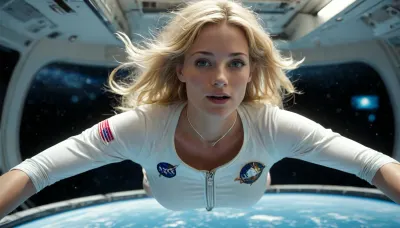 full body view of Diana in weightlessness, Diana is a female skinny 29 years old Astronaut works on ISS space station, Diana's body has a perfect anatomy and correct proportions, Diana has a perfect face, silent smile, concentrated, a slender and athletic body, (Diana's long blonde hair floats in weightlessness:1.3), Blue eyes, (flat-chested:1.4), (Diana wears a wide white shirt with astronaut badge, belly-free and a white string thong:1.4), (Dianas stretched body floats weightlessly horizontal in supine position one meter above the ground:1.5), (((levitation:1.5))), (((Diana working on the ceiling of the control room:1.3))), ((floating in zero gravity:1.4)), (((weightlessness:1.4))), highly detailed futuristic huge control room on spaceship, control desk, buttons, Lever, air lock LED lamps, low light, different screens, futuristic technic, (supernova in space outside rounded window:1.3), cinematic, photorealistic, (masterpiece, detailed), Professional photo, hyper-realistic, ultra-high quality, insanely detailed. high resolution, masterpiece, best quality, UHD 8K, extreme realism, maximum detail, hyper realistic, ultra realistic, <lora:levitate-PNY-SDXL-SD15-Panache:.8>, <lora:MJ52:.8>