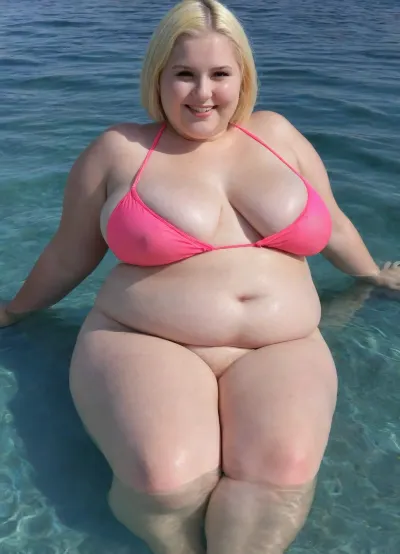 Ukrainian absolutely albino 30-year-old 3-feet-height extremely chubby, (((obese))), straight bob haircut, curvy, squared face, (fat breasts), woman, transparent gauze pink bikini, (chubby face), barefoot, happily smiling, swimming serenely in a clear blue sea
