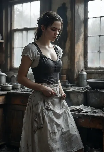 18 century, the young 18-year-old solo cook is working in the kitchen, she is sweaty, worn out, but slowly lifts her dirty apron and long skirt, joyful anticipation, looking to the viewer, (wet sweaty panties:1.6), FRESHIDEAS, Real, Photography, 2#, Black, and, white, art, black, shading, charcoal, toned, brutal, dark, b/w, color, scheme, <lora:FRESHIDEAS Real Photography 2#:.6>, <lora:Black and white art.V1:.1>, <lora:MJ52:.4>, <lora:add-detail-xl:.9>
