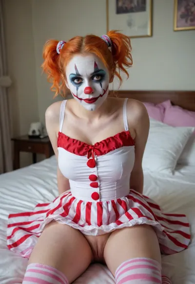 young beautiful girl 18 years old clown girl with big breasts, wearing a pulled-up dress without any underwear, laying on her back with spread legs, no panties, long striped socks, clown makeup, skinny, white face paint, detailed vagina, looking at the viewer, back long high multi-colored ponytails, excited, aroused, tack sharp, 4k, dslr