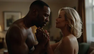 romantic ambient light, a white-skinned husband hands his sexually aroused hot mature wife to an muscular elegant African man for hot sex, husband shares his wife to please her, Christmas time, husband stands in the background, 50-year-old mature hot thin blonde wife kissing her African lover, perfect face, perfect hands, 8k, photorealistic, FRESHIDEAS, Real, Photography, 2#, <lora:FRESHIDEAS Real Photography 2#:.5>, <lora:add-detail-xl:.6>, <lora:MJ52:.4>