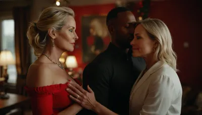 romantic ambient light, a white-skinned husband hands his sexually aroused hot mature wife to an muscular elegant African man for hot sex, husband shares his wife to please her, Christmas time, husband stands next to, 50-year-old mature hot thin blonde wife kissing her African lover, perfect face, perfect hands, 8k, photorealistic, FRESHIDEAS, Real, Photography, 2#, <lora:FRESHIDEAS Real Photography 2#:.5>, <lora:add-detail-xl:.6>, <lora:MJ52:.4>