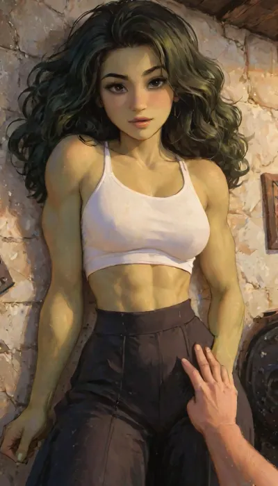 Photorealistic extremely lifelike image of a breathtaking high-fantasy sexy younger she-hulk female rogue-warrior standing in a torch-lit stone dungeon chamber. She is a beautiful fitness supermodel woman with light-green skin and a hourglass toned thin athletic skinny slim physique. She has a heart-shaped face with soft feminine features, large almond-shaped bright-green eyes, a narrow rounded nose, and full lips curved in a confident smirk. Her long, straight curly dark brown hair with blonde-highlights flows past her shoulders, slightly tousled from battle.She wears a revealing, sexy rogue intricate outfit made of black leather and crimson fabric—an enchanted Solid Cami Crop Top & Split Thigh Long Skirt Set-style top with cutouts that expose defined abs, and high-slit armored thigh straps that leave most of her strong thick thighs bare. A pair of fingerless gloves and knee-high leather boots complete the look. Her toned arms and sculpted legs show off her physical strength and agility. She has a curved dagger at her side and a glowing arcane "SUN" sigil tattooed on her hip.Her expression is confident and sultry, standing with one hand on her hip, the other resting on her weapon. The background is a fantasy dungeon with stone walls, glowing runes, and faint magical mist. The lighting is warm and dramatic, casting shadows that accentuate her curves and muscle tone, high detail, cinematic lighting, fantasy realism, intricate costume design, 8K, full-body character portrait, RPG character art, sexy fantasy aesthetic, perfect anatomy, best quality, 8k, insane details, intricate details, hyperdetailed, hyper quality, ultra detailed, professional, HDR, ray tracing reflection, highlydetailedbody, realisticface, highlydetailedhair, insanelydetailed, 8K.highdetailedskin, highresolution, perfectfingers, (j_cartoon:1.5), Drawing, green skin, fit, strong, muscular, big, ohwx, woman, She-Hulk, she-hulk, jennifer, walters, uberfit, athletic, <lora:SHEHULK_SDXL-000005:.8>, <lora:uberfit_lora_sdxl:.2>, <lora:samdoesarts1.1-000030:.4>, <lora:J_cartoon:.3>, <lora:Animated_Concept:.4>