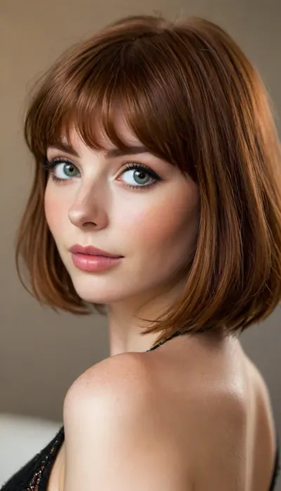ziprealism, (intimate private snapshot esthetic), (sensual woman, intimate seduction, soft sweet smile, sensual pose:1.4), (f/2.8, shallow depth of field, profile shot, side view:1.2), (focus on eyes, perfect eyes:1.2), (subtle bokeh:.4), (vibrant auburn hair with warm highlights, short French Bob cut hair, cute blunt bangs and fringe, voluminous hair:1.6), (large teardrop breasts, soft pale nipplesslender waist:1.4), (large expressive eyes, perfect eyes, defined jawline, full sensual lips, pale skin, soft blush), (cozy bedroom, warm romantic lighting), igbaddie, <lora:igbaddie-XL:.4>, <lora:style_lora_realis:.8>