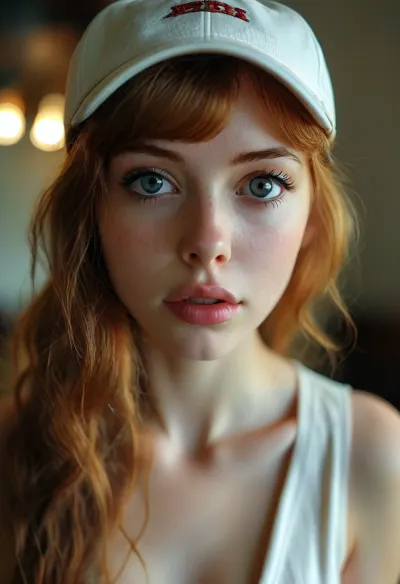 ((the whole girl visible in the frame)), ultra realistic smart incredibly beautiful seductive face, pretty young escort woman, super model, 18 years old, (very slim, anorexic figure), totally nude, long very nice legs, narrow waist, looks directly at the viewer, swing golf pose, ((baseball cap backwards showing shaved pussy)), (long legs, perfect legs, sensual Seductive, big eyes, beautiful eyes:1.2), back view, long ginger hair, (seduce, sexy, wants to fuck:1.1), (white skin. smile:1.1), ((showing big breasts with protruding swollen puffy areolas and puffy nipples 1:1)), HDR photo, best quality, ultra-detailed, masterpiece, finely detail, highres, photorealistic, perfect illumination, best shadow, best shot, ((engaging view)), full scene picture, soft lighting, bhands, perfect fingers, little hands, (5/6th body:1.5), the woman is looking with amazement at viewer, (looking up), detailxl, perfecteyes, <lora:MJ52:.5>, <lora:lora-sdxl-perfect-eyes:.5>, <lora:style_lora_realis:.7>