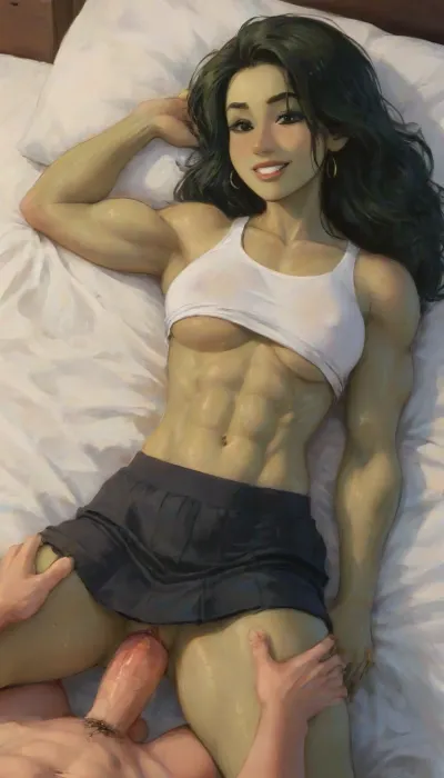 Photorealistic extremely lifelike image of a breathtaking high-fantasy sexy she-hulk female rogue-warrior standing in a torch-lit stone dungeon chamber hidden bedroom. She is a beautiful fitness supermodel woman with light-green skin and a hourglass toned thin athletic skinny slim physique. She has a heart-shaped face with soft feminine features, large almond-shaped bright-green eyes, a narrow rounded nose, and full lips curved in a confident smirk. Her long, straight curly dark brown hair with blonde-highlights flows past her shoulders, slightly tousled from battle.She wears a revealing, sexy rogue intricate outfit made of black leather and crimson fabric—an enchanted Solid Cami Crop Top & Split Thigh Long Skirt Set-style top with cutouts that expose defined abs, and high-slit armored thigh straps that leave most of her strong thick thighs bare. A pair of fingerless gloves and knee-high leather boots complete the look. Her toned arms and sculpted legs show off her physical strength and agility. She has a curved dagger at her side and a glowing arcane "SUN" sigil tattooed on her hip.Her expression is confident and sultry, standing with one hand on her hip, the other resting on her weapon. The background is a fantasy dungeon with stone walls, glowing runes, and faint magical mist. The lighting is warm and dramatic, casting shadows that accentuate her curves and muscle tone, high detail, cinematic lighting, fantasy realism, intricate costume design, 8K, full-body character portrait, RPG character art, sexy fantasy aesthetic, perfect anatomy, best quality, 8k, insane details, intricate details, hyperdetailed, hyper quality, ultra detailed, professional, HDR, ray tracing reflection, highlydetailedbody, realisticface, highlydetailedhair, insanelydetailed, 8K.highdetailedskin, highresolution, perfectfingers, (j_cartoon:1.5), Drawing, green skin, fit, strong, muscular, big, ohwx, woman, She-Hulk, she-hulk, jennifer, walters, uberfit, athletic, <lora:SHEHULK_SDXL-000005:.8>, <lora:uberfit_lora_sdxl:.2>, <lora:samdoesarts1.1-000030:.4>, <lora:J_cartoon:.3>, <lora:Animated_Concept:.4>