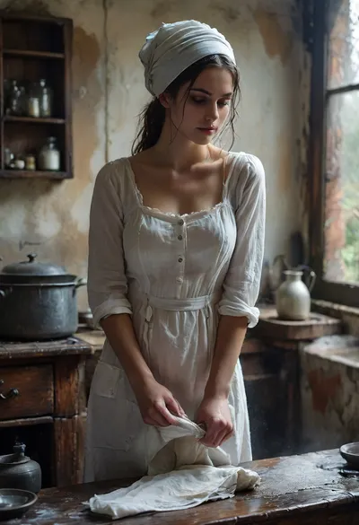 18 century, the young 18-year-old solo girl is working as helper in a castle kitchen, dressed in a long simple cotton dress and a headscarf, she is ultra sweaty, worn out, submissive, shy, ultra-flat-chested, exposing hard long erected nipples, (detailed perfect nipples in focus), joyful anticipation, looking to the viewer, (wet sweaty panties:1.6), FRESHIDEAS, Real, Photography, 2#, Black, and, white, art, black, shading, charcoal, toned, brutal, dark, b/w, color, scheme, <lora:FRESHIDEAS Real Photography 2#:.6>, <lora:Black and white art.V1:.1>, <lora:MJ52:.4>, <lora:add-detail-xl:.9>