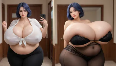 The most perfect Masterpiece of the most perfect fattening weight gain before-and-after photography, (once just an extremely incredible extra extra FATTER thick plump woman:1.3), mega extremely gargantuan hyper FAT breasts that are growing, extra mega plump body, extremely extra mega voluptuous, extremely mega extra extra FAT thick Asian American woman with thick wide hips, (she is showing off before and after side by side sequence mulilple veiws of her immensely hugely drastic weight gain FATTER much more way thicker fuller FATTER hourglass body figure:1.2), gargantuan fat ass, (hyper drastic change so much more hyper mega gargantuan FAT breasts expansion:1.2), (ultra mega gargantuan hyper huge mega FAT sized breasts:1), (before and after many years of fattening to gain mass amounts weight and fat:1), (she has sexy long straight black blue hair:1), <lora:Venus_Body_Alpha:1.2>, <lora:InflationXL:1.3>, <lora:Nicorima Style:1>, (before-and-after sequence in progression of weight gain of fat showing of her voluptuous fat breasts and fat ass expansion because of her weight gain:1.1), (hyper fat busty woman:1), (ultra high detailed hdr selfies of her hyper enlarging fattening weight gain and expansion more voluptuous:1), (best face:1), (very thick fat wide hips:1)