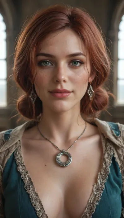 Beautiful Triss Merigold, Nilfgaardian Captivity, (The Witcher 2, Assassins of Kings), Design a costume for Triss Merigold, a tattered gray robe with a torn cloak, Include a silver amulet and disheveled hair, POV, turning her head towards the viewer, looking at the viewer, huge natural bust, indoor background, lustful smile.