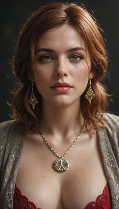 Solo, Beautiful Triss Merigold, Nilfgaardian Captivity, (The Witcher 2, Assassins of Kings), Design a costume for Triss Merigold, a tattered gray robe with a torn cloak, Include a silver amulet and disheveled hair, looking in a seductive manner, eyes looking straight at the us, fair skin, sexy body, cute face, clear skin, close up, whole body visible, wearing golden anklets, golden bangles, golden chain, curvy figure, thick arms, thick hips, thick thighs, seductive face, looking at the viewer with lust, beautiful detailed face, amazingly sexy face, front straight view, standing straight in a sexy way, hands over her head, black background, rim lighting, key lighting, diffuse light