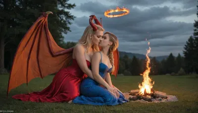 brunette demon girl with small red horns and red bat-like wings in red dress sitting on grass, blonde angel girl with massive white dove wings in blue dress behind her, long blue silk dress, (braid), lesbians, m size boobs, exposed breast, 6ft tall, kiss, (massive wings), (red pointy tail), (fire horns), (tiny minions around), campfire, halo, (burning witch), (night), (fisting), saint, evil