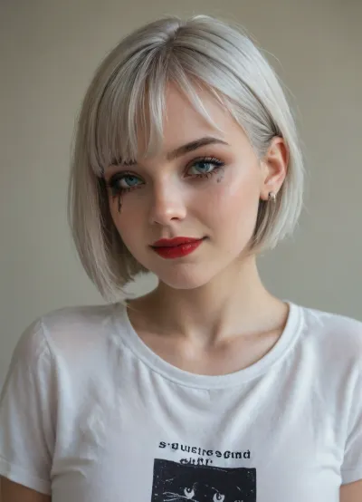 Emo girl, girl 25 years old, silver hair, (bob cut with bangs:1.5), smile, Blue eyes, goth girl, goth makeup, red lipstick, cat eye makeup, smudged makeup, stand up, stunning woman, perfect body, beautiful shiny white hair, extremely realistic, seductive look, highly detailed, beautiful face, white office shirt