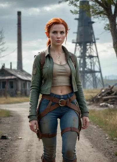 A full body view of an elf hybrid survivor girl walking through Fallout style wasteland, red hair in braids with a bun, freckles across pale cheeks, green eyes, pointed ears, feminine detailed face, survival outfit with light flowing fabrics and patched jacket, belts with pouches, rugged pants, reinforced boots, glowing runes painted on fabric, carrying energy bow glowing blue, cracked asphalt road with weeds, rusted vehicle shell, leaning metal poles with loose cables, ruined farm house in distance, tall rusted tower behind, dry twisted trees, pale orange radioactive haze in sky, cinematic lighting, ultra detailed, hyper realistic, 8k, photoreal, HDR, sharp focus, masterpiece, realistic textures, concept art