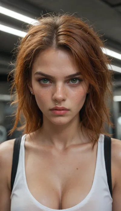 woman, female, 25 years old, long ginger hair, messy hairstyle, green eyes, freckles, uggly, angry, muscular, pokies, extrem deep cleavage, eye contact, cyber punk, in space, dark starship, uggly window, stars, high detailed, close to face, portrait, nose ring, nose piercing