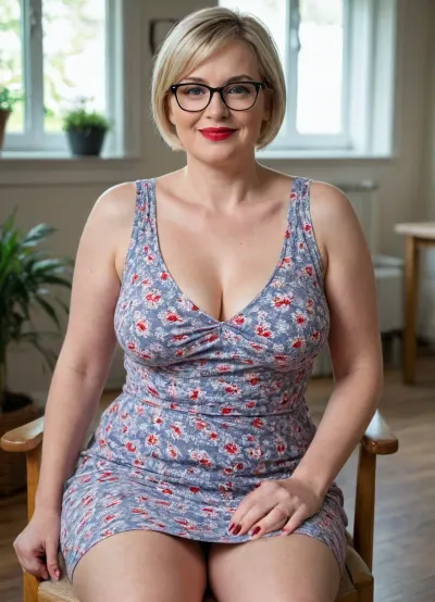 a 48 year-old woman is sitting on a chair, chubby, big hips, natural saggy breasts, the thighs are spread and we see a naked pussy, plump legs, in a house cotton dress, with a sweet smile, blondie short haircut, makeup on her face, black glasses, blue eyes, bright red lips