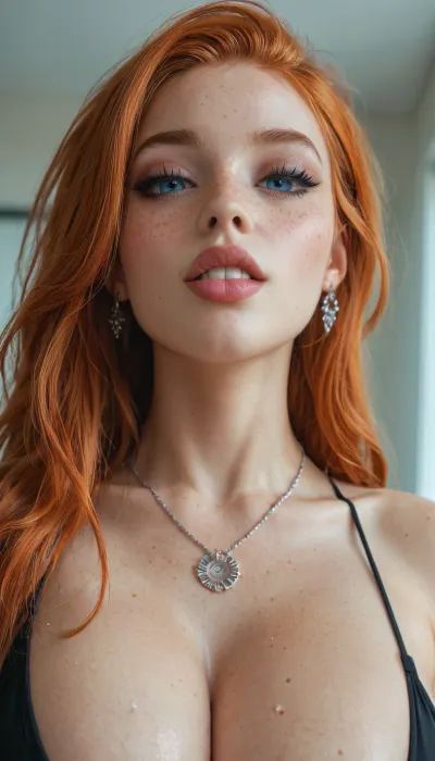 very horny breathtaking ginger 25 year old American Goth girl, gigantic natural saggy breasts out, athletic body, perfect skinny body sharp nose, smooth silky long hair rectangular face, wide mouth, full lips, dark makeup, ginger hair and pale skin, tattooed, expensive hairstyle, expensive earrings, beautiful necklace, thin eyes, blue eyes, pale ginger skin, freckles, big cheekbones, slim, deep dimples, cute chin, kind eyes, white teeth, medium view from below, detailed faces, <lora:SDXL_BetterFaces-LoRA_v1:.5>