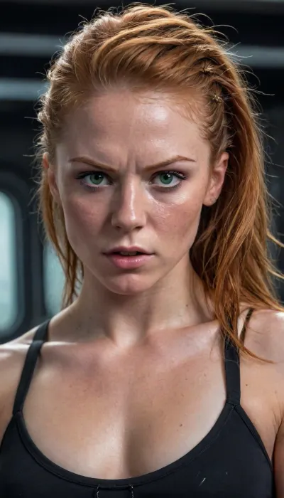 female, 25 years old, long ginger hair, messy hairstyle, green eyes, freckles, extremely beautiful, angry, (muscular:1.4), small muscular breasts, (chiseled pecs:1.1), eye contact, cyber punk, in space, dark starship, uggly window, high detailed, close to face, portrait, nose ring, nose piercing, septum ring, fully dressed in carbon combat gear, From below, <lora:Sweaty_Realism_4-000006:.8>, braided, side, <lora:Braided_Sides_V1:.8>