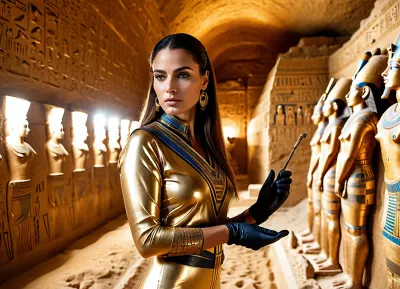 Masterpiece, high detail, high resolution, 8K, a woman-archaeologist, in a sexy jumpsuit, and thin gloves, at the excavation of the tomb of Pharaoh Tutankhamen, with a focused look, holds an artifact in her hands and, (considers hieroglyphs on it, against the background of the pyramids), stands at full height, in half profile, accurate detailed image.