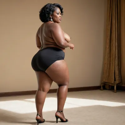 a fat, short bbw, busty 65 year old very black women, plump, round very wide ass, from the side, thick thighs, very large huge sagging breasts. small waist, micro skirt exposing her ass