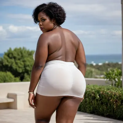 a large bbw busty 50 year old dark black woman naked, no makeup, big wide ass, big hips, thick thighs, very large huge sagging breasts. small waist, Thick lips rear view, very short hair. wearing a tight white mini skirt