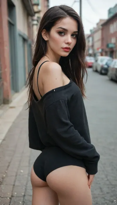 Thin woman, 19 years old, dark skin, black hair, long hair, vulgar makeup, dark makeup, black and red lips, black eyeliner, small earrings, neat nose, brown eyes, neat eyebrows, cute face, small breasts, small butt, short oversized black sweater with sleeves, tight shorts, black shorts, slim body, athletic build, city photo, building in the background, people in the background, city selfie pose, sexy pose, posing with her butt, rear view, alt, fashion, <lora:alt_fashion_v2:2>