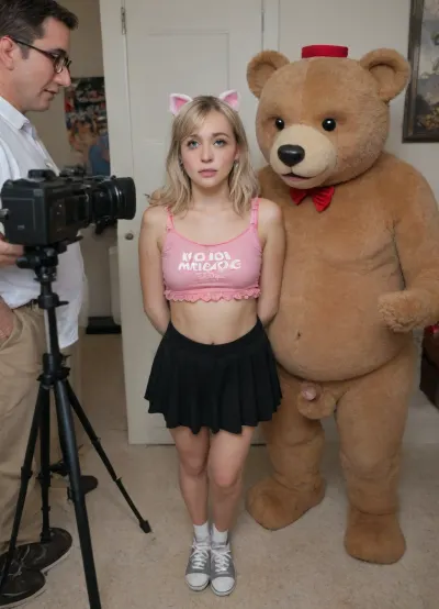 (18 year old boy jerking off an older fat man), (other people watching), (lots of fat old men watching), boy crying, sobbing, boy worried, boy looking on in fear and annoyance, (boy is Luna Lovegood cosplay with short blonde hair), (guy in pink teddy bear top inspired by her unique and quirky style from the Harry Potter film series), (top should be soft pink with a teddy bear face on the hood with bear ears. Pair it with a light gray A-line skirt with barely there pleats or lace trim), boy in Mary Jane style sneakers, (camera on tripod in foreground pointed at boy), (1 camera), (set in a tacky love hotel with plush), (boy has a small penis visible, penis erect and wank)