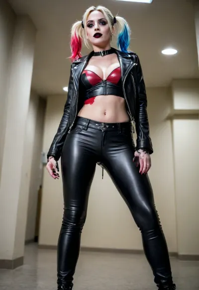 harley quinn, leather trousers, leather jacket, rock chick, emo, gorgeous, massive breasts, massive cock, (skin tight leather trousers), cleavage, black lipstick, whole body view, bulge, penis bulge, messy hair, taker pov, view from below