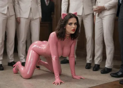 submissive, on all fours, wearing pink latex pet suit, latex pink platform heels, surrounded by men in business suits, in Victorian ball room/Kagney, 25 years old, frustrated, pouting, (wide blue eyes), dark eyeliner, dark red lipstick, (straight black hair in french bob:1), (very large breasts, F cup breasts), (focus thick latex collar), /, (pink latex petsuit), (latex petsuit:1), (focus skintight latex), (pink latex platform heels), (focus pet play), submissive. BDSM, (men in business suits), Voctorian ballroom, (surrounded by men), animal_ears, Kagney, Linn, Karter, <lora:gougou_XL_1_-000004:.8>, <lora:Kagney Linn Karter:1>