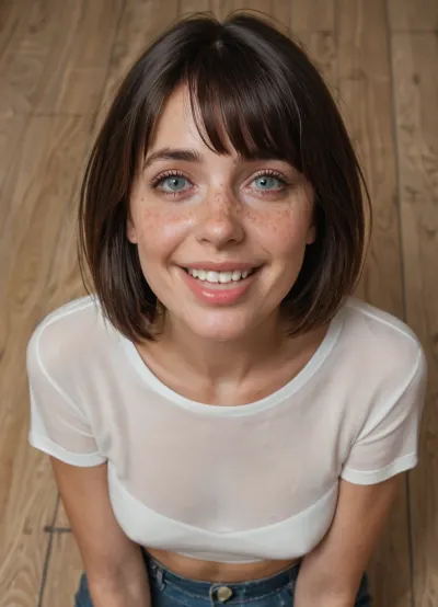 (ultra realistic, ultra detailed, best quality, close view), ((1woman make blowjob to dachshund dog), looking at the floor, laughing), (mature woman, 45 years old, (dark hair, medium-length bob with bangs), Anna, (thin detailed face, triangular face, narrow face), pointed nose, feint small amount of freckles across nose, thin lips, dark grey eyes, caucasian, (no makeup), (short height, light weight, skinny body, (skinny:1.5)), wide thigh gap, skinny flat ass, skinny hips, slightly tanned skin, no tattoos, she is an accountant, her hobby is photography), (wearing short skinny denim skirt, shiny nude pantyhose, long white T-shirt with a wide neckline, red casual lingerie, black platform)