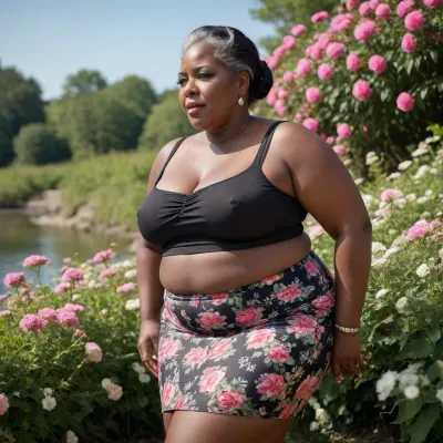 a fat, short bbw, busty 75 year old very black women, plump, BIG wide ass, from the side, thick thighs, very huge breasts. narrow waist, flowery, micro skirt