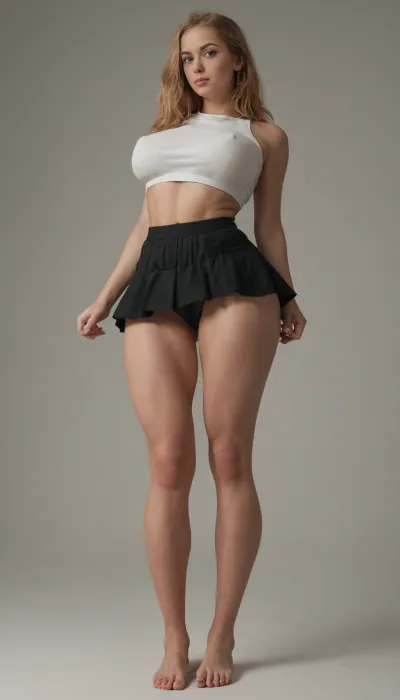 award winning photo, masterpiece, dslr, ultra realistic, bright colors, view from below, 21 year old ginger, tiny white crop top, nipple exposed, black microskirt, long hair, huge hips, very muscular thighs, muscular ass, massive round ass, massive round breasts, super skinny, no fat, super fit, hour glass body, six pack, (3/4 view, Full body photo, looking at viewer)