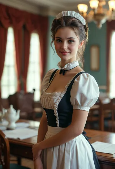slender woman, big firm tits, pinned up hair, shy smiling, maid, classical maid uniform, deep neckline, dinning room, Full Body view, (highly detailed, ultrarealistic, masterpiece, best quality), <lora:MJ52:.8>
