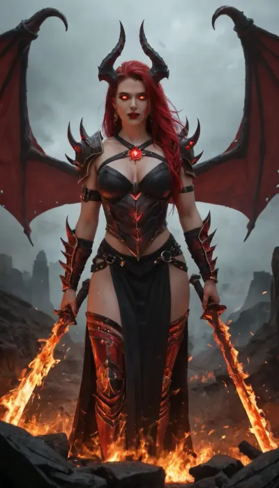 Powerful female archdevil, darkly seductive and terrifying, tall and commanding presence. Crimson glowing eyes, flawless obsidian skin with a faint infernal glow, long deep crimson hair. Wearing ornate black and crimson infernal armor with gold accents, adorned with demonic runes. Large bat-like wings spread wide, horns curving elegantly from her head, long spiked tail. Wielding a fiery hellforged weapon, standing amidst a burning hellscape of fire, brimstone, and jagged obsidian spires. Dark fantasy, highly detailed, cinematic, ominous and menacing atmosphere.