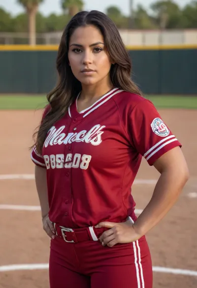 35 yr old Mexican woman, full body, long hair, large tits, wide hips, softball uniform