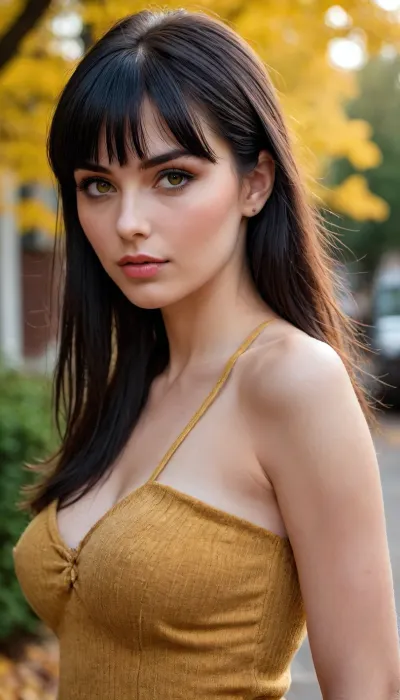 Close-up view of a busty young woman with long, straight black hair styled with blunt bangs.
She has fair skin, heart-shaped lips, dark eyebrows, and hazel or light brown eyes. Her makeup is subtle and natural-looking. She's wearing a black, one-shoulder top that shows one of her shoulders and part of her collarbone. The top has a ribbed texture. She also appears to be wearing dark-colored trousers or a skirt.
The background is slightly out of focus, but it appears to be an outdoor setting. There's a blurred background suggesting trees with yellow leaves, possibly indicating autumn. A street or walkway is visible in the distance.
Overall, the image focuses on the woman's attractive features and her stylish clothing., <lora:Vivid Midjourney mimic - XL SDXL v2.0:1>, <lora:Creat0r_MagicDetailzV2_FIX:1>