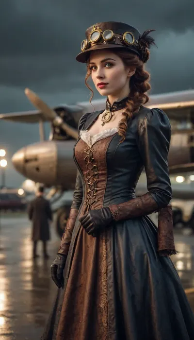 Steampunk airport, vintage airplane arrival, first plane late night, rainy or windy weather, greeting girl in Victorian dress standing nearby