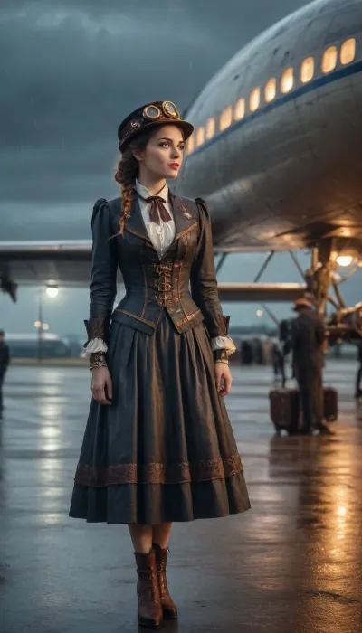 Steampunk airport, vintage airplane arrival, first plane late night, rainy or windy weather, greeting girl in Victorian dress standing nearby