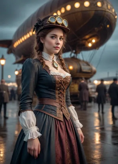 Steampunk airport station, airship arrival, first airship, late night, rainy or windy weather, greeting girl in Victorian dress standing nearby