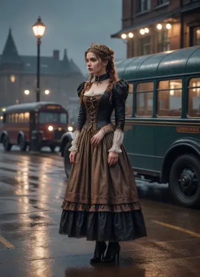 Steampunk bus station, car arrival, first car, late night, rainy or windy weather, greeting girl in Victorian dress standing nearby