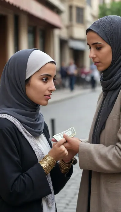 Young arab girl, taking money on the street from very old guy, sucking his dick, money in hands, hijab
