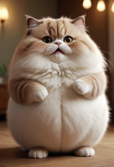 fat cute fluffy cat with a belly, funny facial expressions, Exaggerated action，praying, 3D character, a little hairy, elongated shape, cartoon style, minimalism