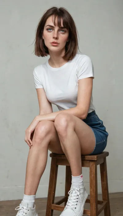 (ultra realistic, ultra detailed, best quality), mature woman, 35 years old, dark hair, medium-length bob with bangs, Anna, thin face, triangular face, narrow face, narrow long nose, feint small amount of freckles across nose, thin lips, dark eyes, caucasian, no makeup, low height, light weight, short skinny legs, skinny body, (skinny:1.3), natural flat sagging tits, wide thigh gap, skinny flat ass, skinny hips, slightly tanned skin, no tattoos, she is an accountant, her hobby is photography, she is wearing skinny short length denim skirt, nylon tights are pulled down to the knees, long loose white T-shirt with no lettering, white sneakers, she sits on a stool sadly, she looks upset