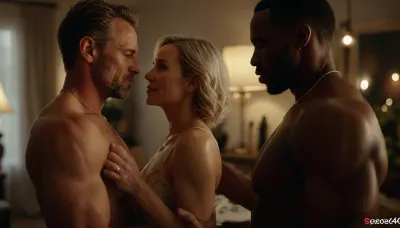 romantic ambient light, a white-skinned husband hands his sexually aroused hot mature wife to an muscular elegant African man for hot sex, husband shares his wife to please her, Christmas time, husband stands in the background, 50-year-old mature hot thin blonde wife kissing her African lover, perfect face, perfect hands, 8k, photorealistic, FRESHIDEAS, Real, Photography, 2#, <lora:FRESHIDEAS Real Photography 2#:.5>, <lora:add-detail-xl:.6>, <lora:MJ52:.4>