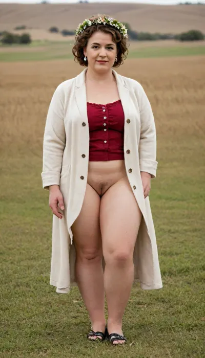 A 60-year-old plump mature woman in a short housecoat runs across a field with a wreath on her head, the skirts of the robe open, her plump legs are visible