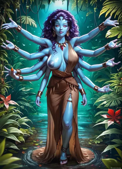 photorealistic image, 8K quality, night, the jungle of an alien world, plants neon glow in all colors of rainbow, on the bank of a stream, ((a beautiful sexy alien woman with blue skin)), (four arms:1.5), very large sagging breasts and very long purple hair, dressed in a translucent short tunic that leaves one shoulder and one breast bare, full body in frame, novuschroma70, style, <lora:novuschroma70 style:1.1>