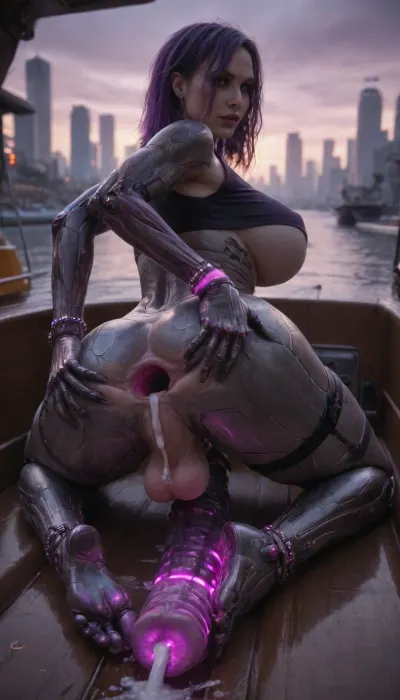 A small body Futanari, (((cybernetic skin), (huge robotic cock), (small balls), (((detailed robotic body))), purple electric hair, big breasts, spread ass, on boat, asymetric pose, thigh strap, ankle bracelet, (glowing), evil crop top, foot fetish, Cumming), hardcore asshole gaping, (deep anal cavity, xxl anal hole, anal extreme opening, anal huge gaping, heavy detailed anal cavity), asshole, ((futuristic city background, highly detailed)), hardcore), masterpiece, high quality, 8k